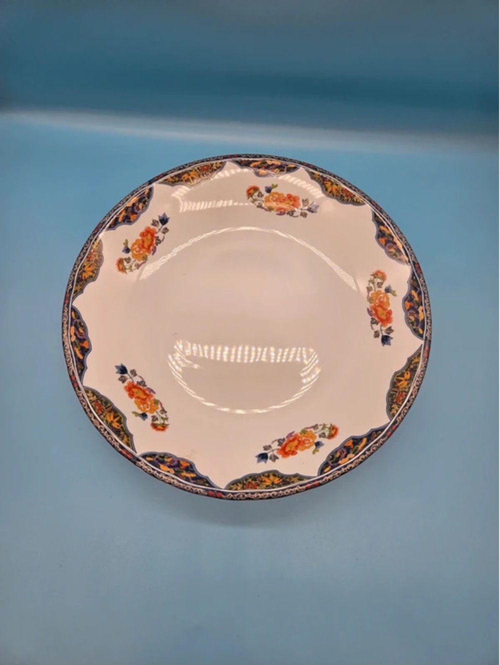 Chinese Decorative Floral Porcelain Plate – Blue/Gold Rim – 12.25"
